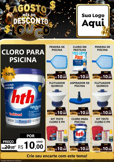 Modelo de Encarte para Encarte A4 Vertical com o tema Agosto Mês do Desconto Louco para Produtos para Piscina