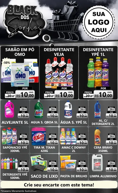 Modelo de Encarte para Encarte Grande com o tema Black dos Sonhos para Produtos de Limpeza