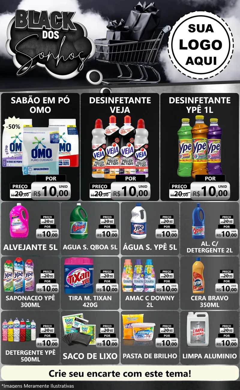 Modelo de Encarte para Encarte Grande com o tema Black dos Sonhos para Produtos de Limpeza