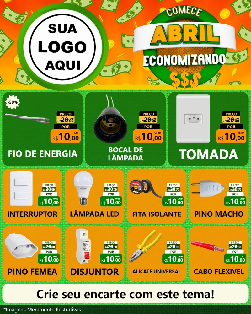 Modelo de Rede Social para Feed Instagram com o tema Comece Abril Economizando para Materiais Elétricos