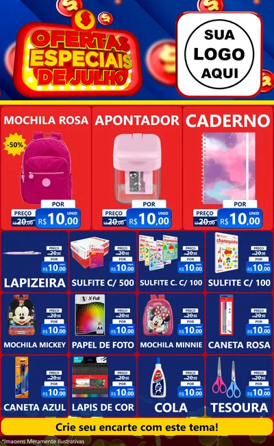 Modelo de Encarte para Encarte Grande com o tema Ofertas Especiais de Julho para Papelaria
