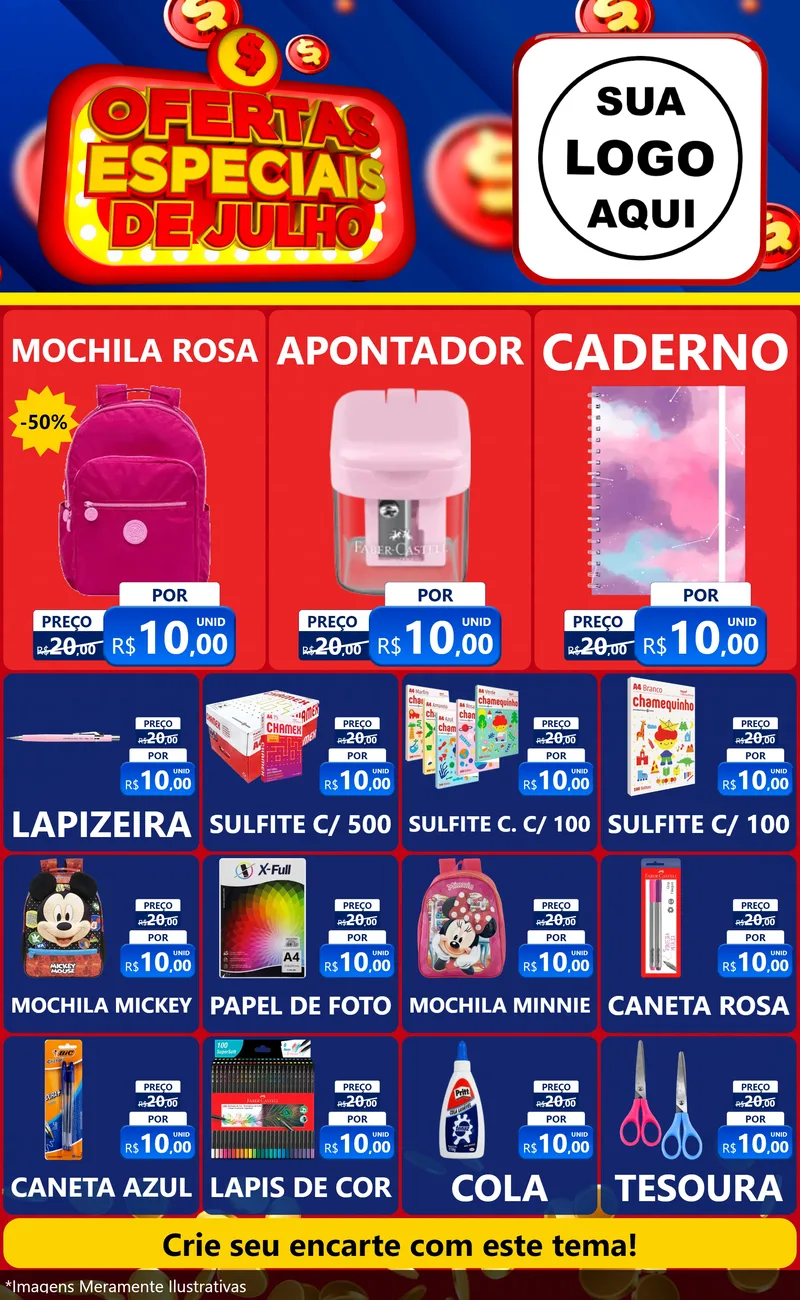 Modelo de Encarte para Encarte Grande com o tema Ofertas Especiais de Julho para Papelaria