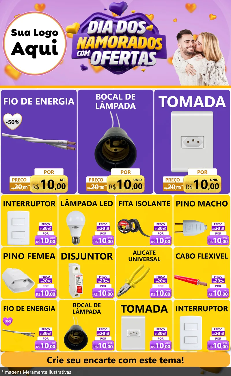Modelo de Encarte para Encarte Grande com o tema Dia Dos Namorados Com Ofertas para Materiais Elétricos