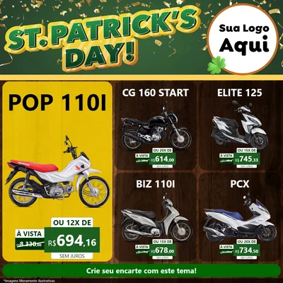 Modelo de Rede Social para Feed Facebook com o tema St Patriks Day para Concessionaria de Motos