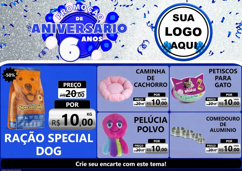 Modelo de Encarte para Encarte A4 Horizontal com o tema Promoção de Aniversário - 6 Anos para Pet Shop