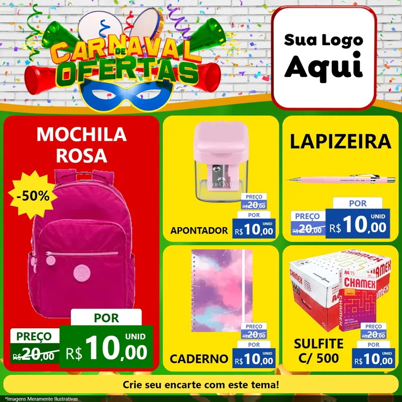 Modelo de Rede Social para Feed Facebook com o tema Carnaval de Ofertas para Papelaria