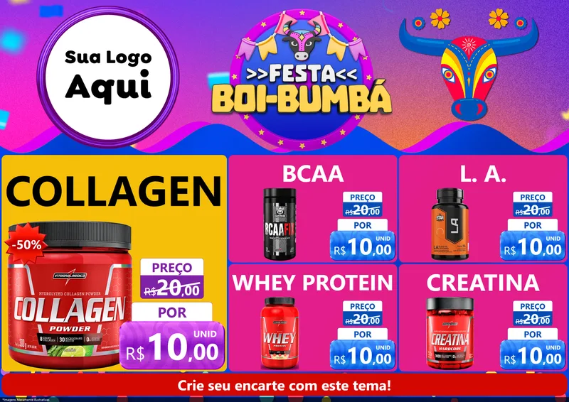 Modelo de Encarte para Encarte A4 Horizontal com o tema Festa Boi-Bumbá para Suplementos alimentares