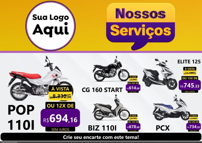 Modelo de Encarte para Encarte A4 Horizontal com o tema Nossos Serviços para Concessionaria de Motos