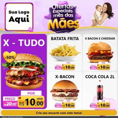 Modelo de Rede Social para Feed Facebook com o tema Ofertas Especiais - Mês das Mães para Hamburgueria