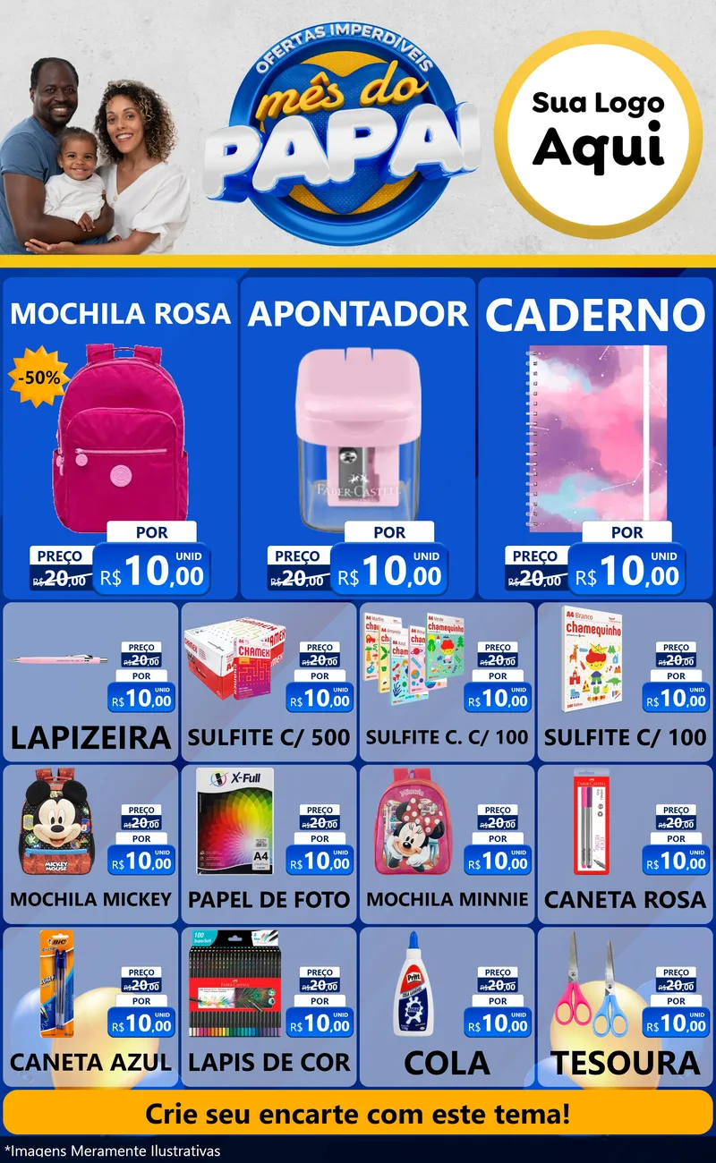 Modelo de Encarte para Encarte Grande com o tema Ofertas Imperdíveis Mês Do Papai para Papelaria
