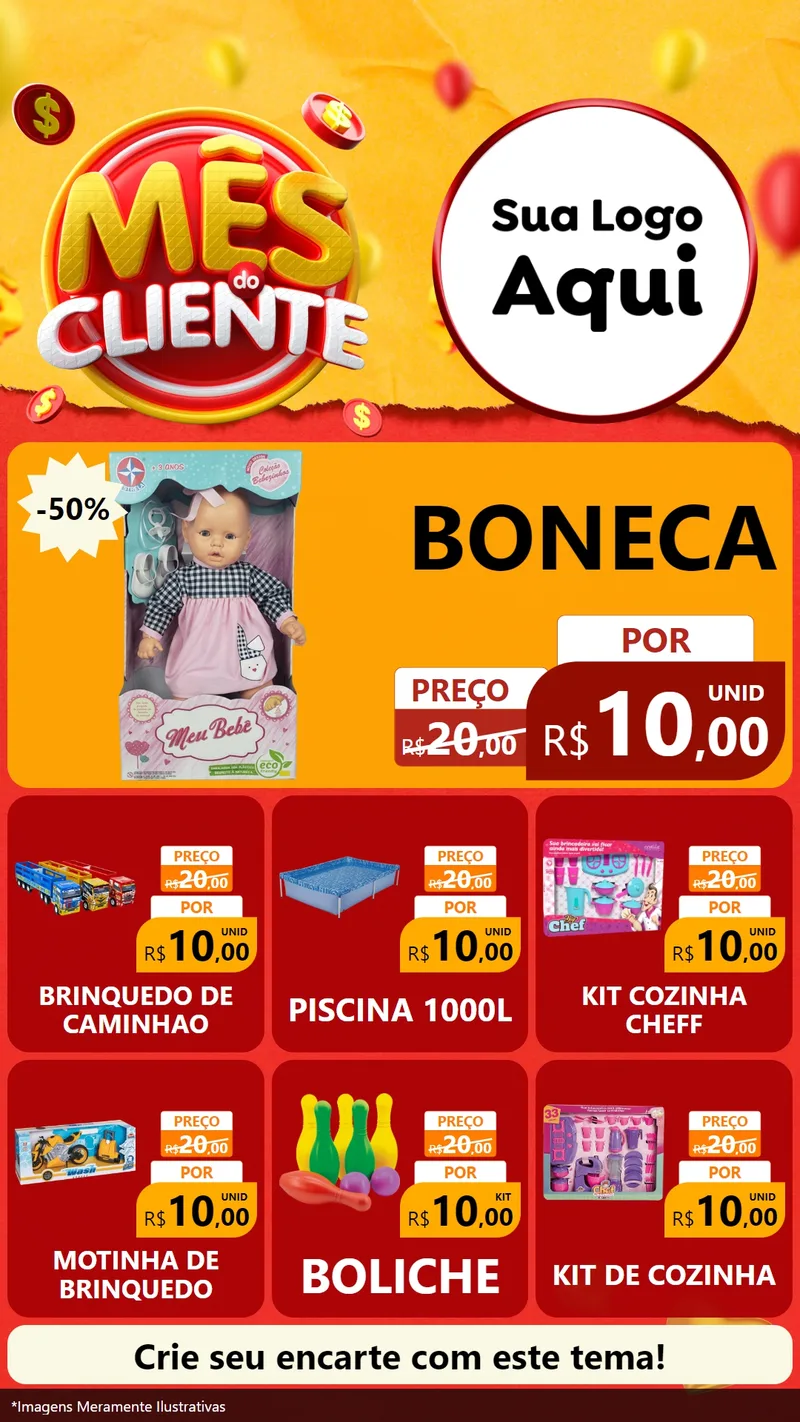 Modelo de Rede Social para Stories com o tema Mês do Cliente para Brinquedos