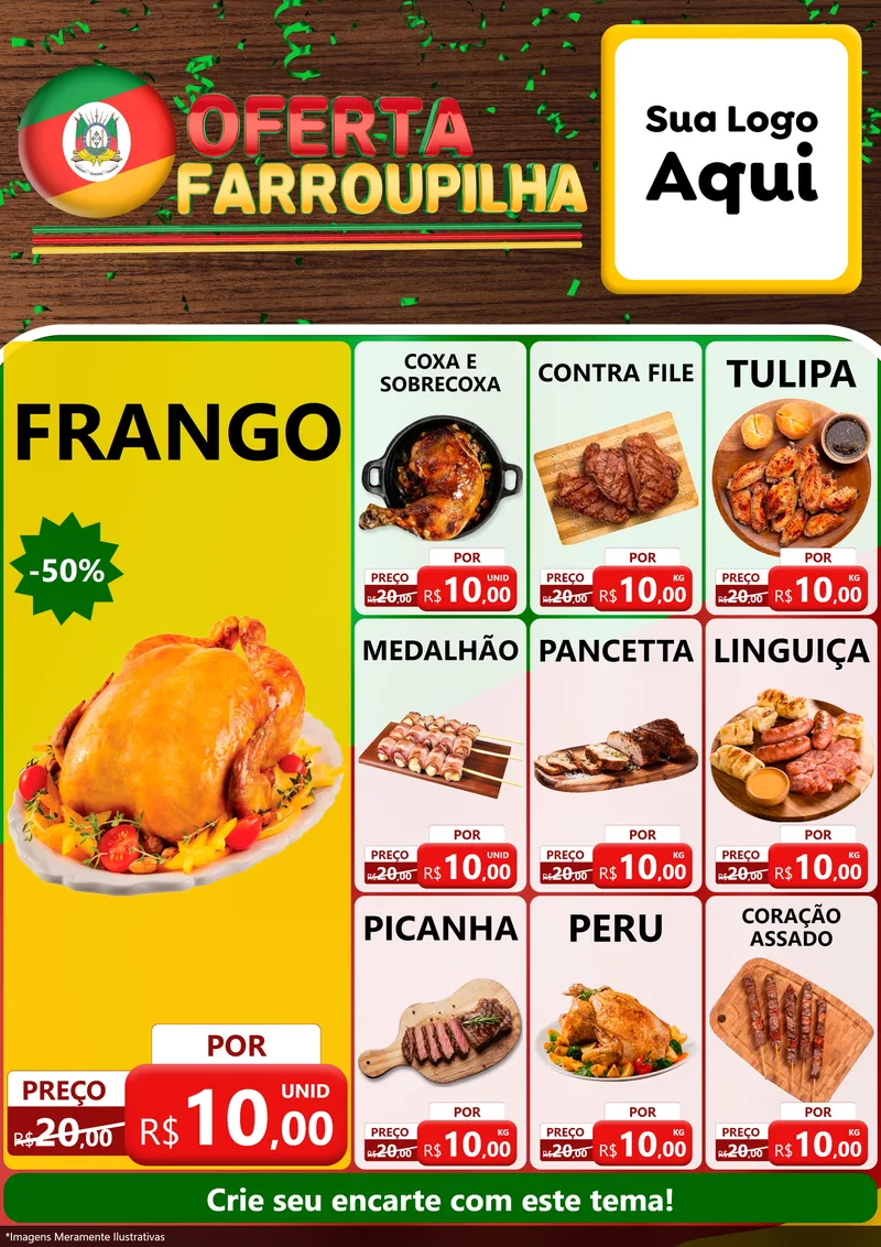Modelo de Encarte para Encarte A4 Vertical com o tema Oferta Farroupilha para Assados
