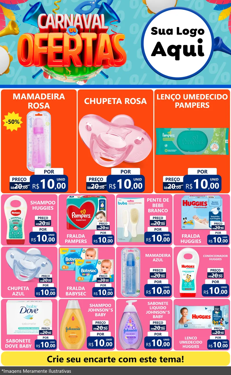 Modelo de Encarte para Encarte Grande com o tema Carnaval de Ofertas para Bebês