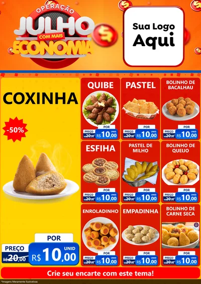 Modelo de Encarte para Encarte A4 Vertical com o tema Operação Julho Com Mais Economia para Salgadaria