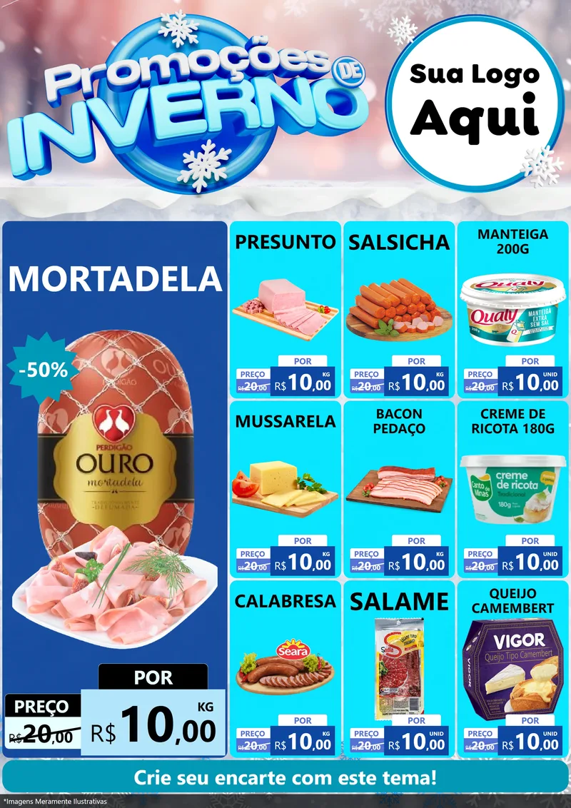 Modelo de Encarte para Encarte A4 Vertical com o tema Promoções de Inverno para Frios e Laticínios