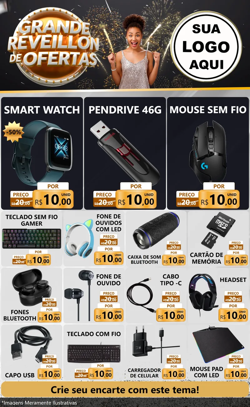 Modelo de Encarte para Encarte Grande com o tema Grande Réveillon de Ofertas para Informática