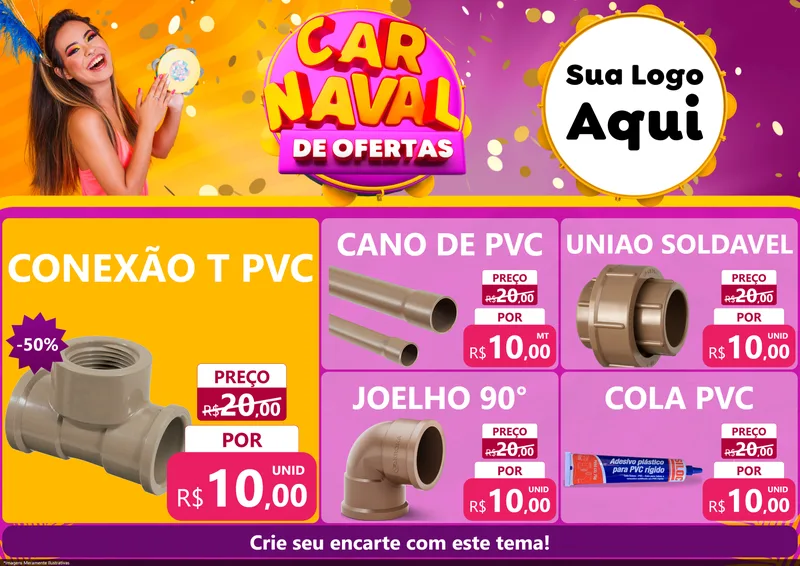 Modelo de Encarte para Encarte A4 Horizontal com o tema Carnaval de Ofertas para Tubos e conexões