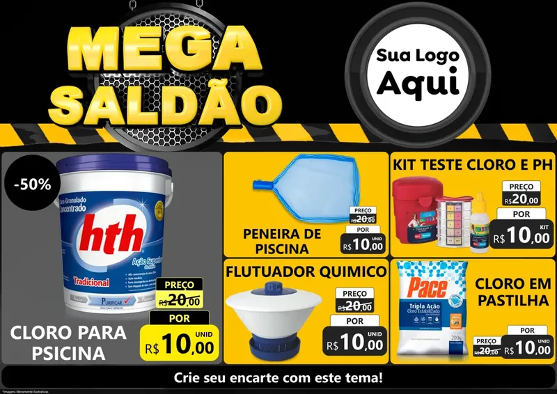 Modelo de Encarte para Encarte A4 Horizontal com o tema Mega Saldão para Produtos para Piscina