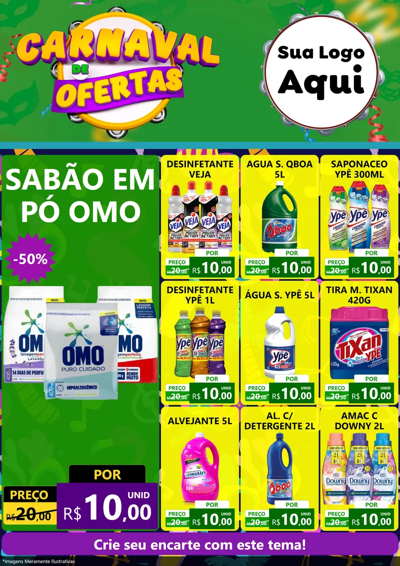 Modelo de Encarte para Encarte A4 Vertical com o tema Carnaval de Ofertas para Produtos de Limpeza