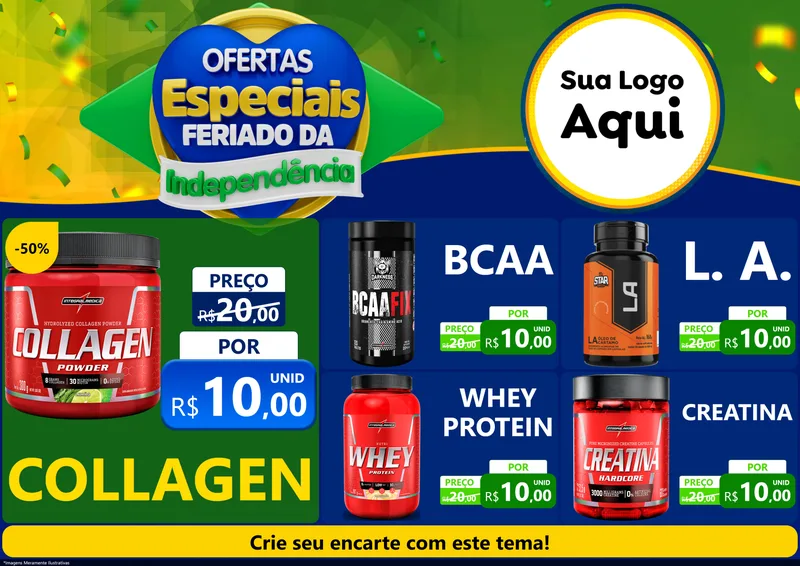 Modelo de Encarte para Encarte A4 Horizontal com o tema Ofertas Especiais Feriado da Independência para Suplementos alimentares