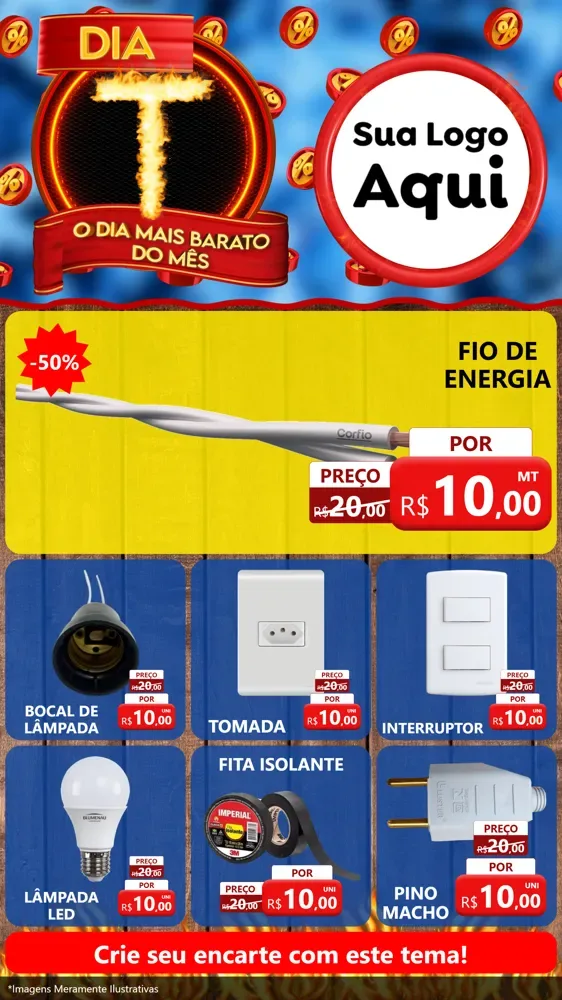 Modelo de Rede Social para Stories com o tema Dia T - O Dia Mais Barato Do Mês para Materiais Elétricos