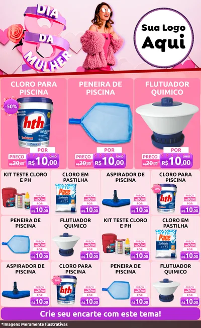 Modelo de Encarte para Encarte Grande com o tema Dia da Mulher para Produtos para Piscina