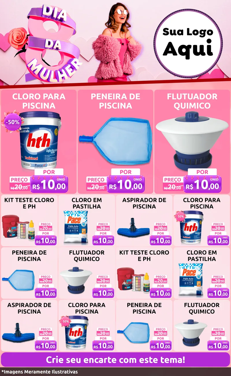 Modelo de Encarte para Encarte Grande com o tema Dia da Mulher para Produtos para Piscina