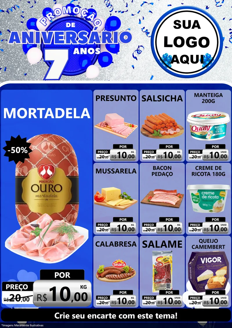 Modelo de Encarte para Encarte A4 Vertical com o tema Promoção de Aniversário - 7 Anos para Frios e Laticínios