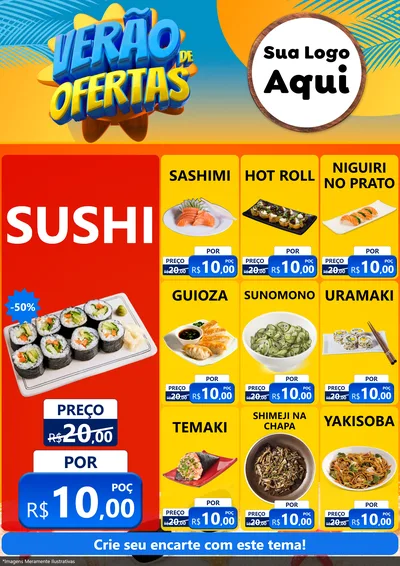 Modelo de Encarte para Encarte A4 Vertical com o tema Verão de Ofertas para Comida japonesa
