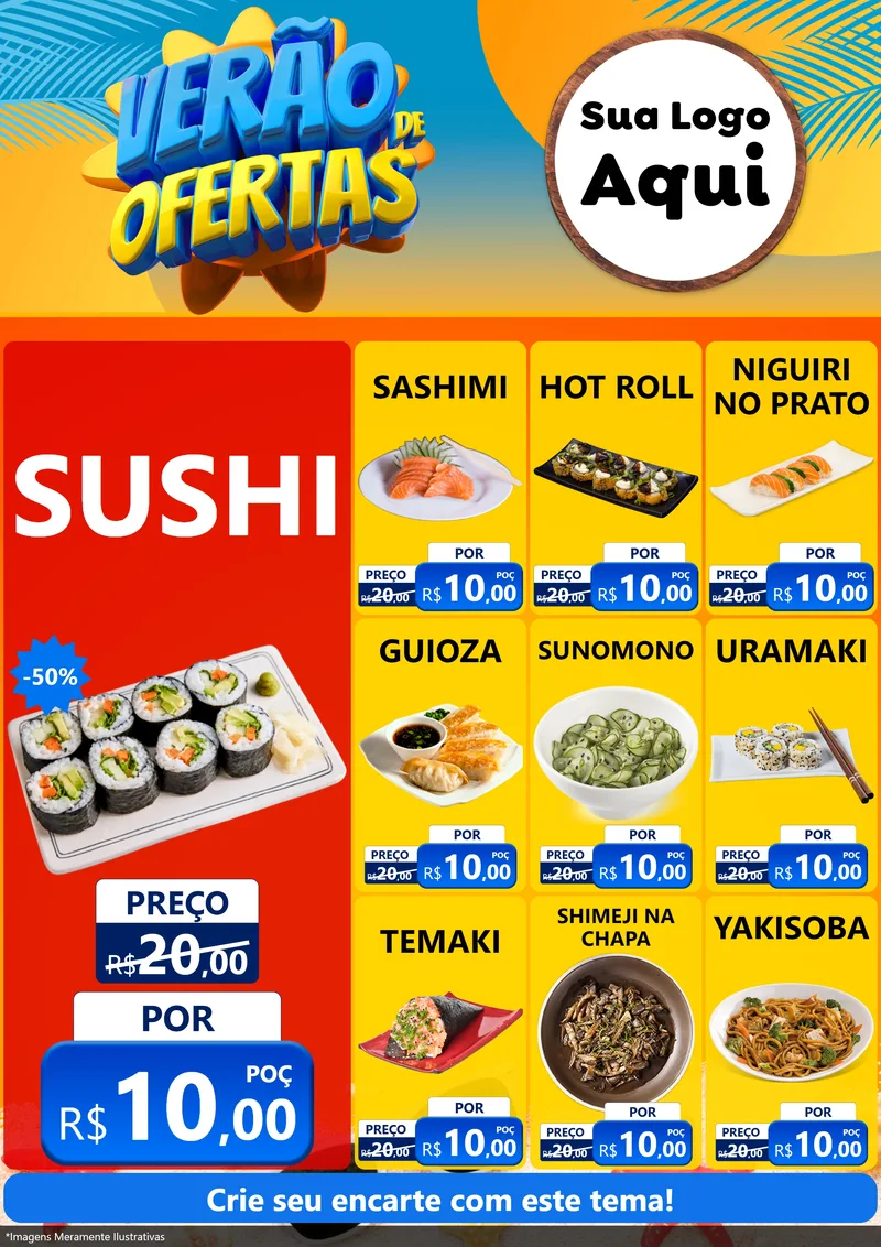 Modelo de Encarte para Encarte A4 Vertical com o tema Verão de Ofertas para Comida japonesa