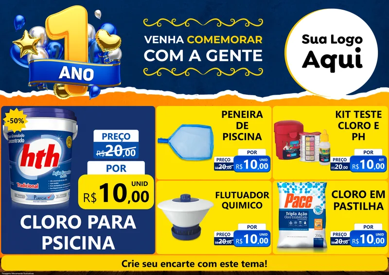 Modelo de Encarte para Encarte A4 Horizontal com o tema Um Ano de Aniversário para Produtos para Piscina