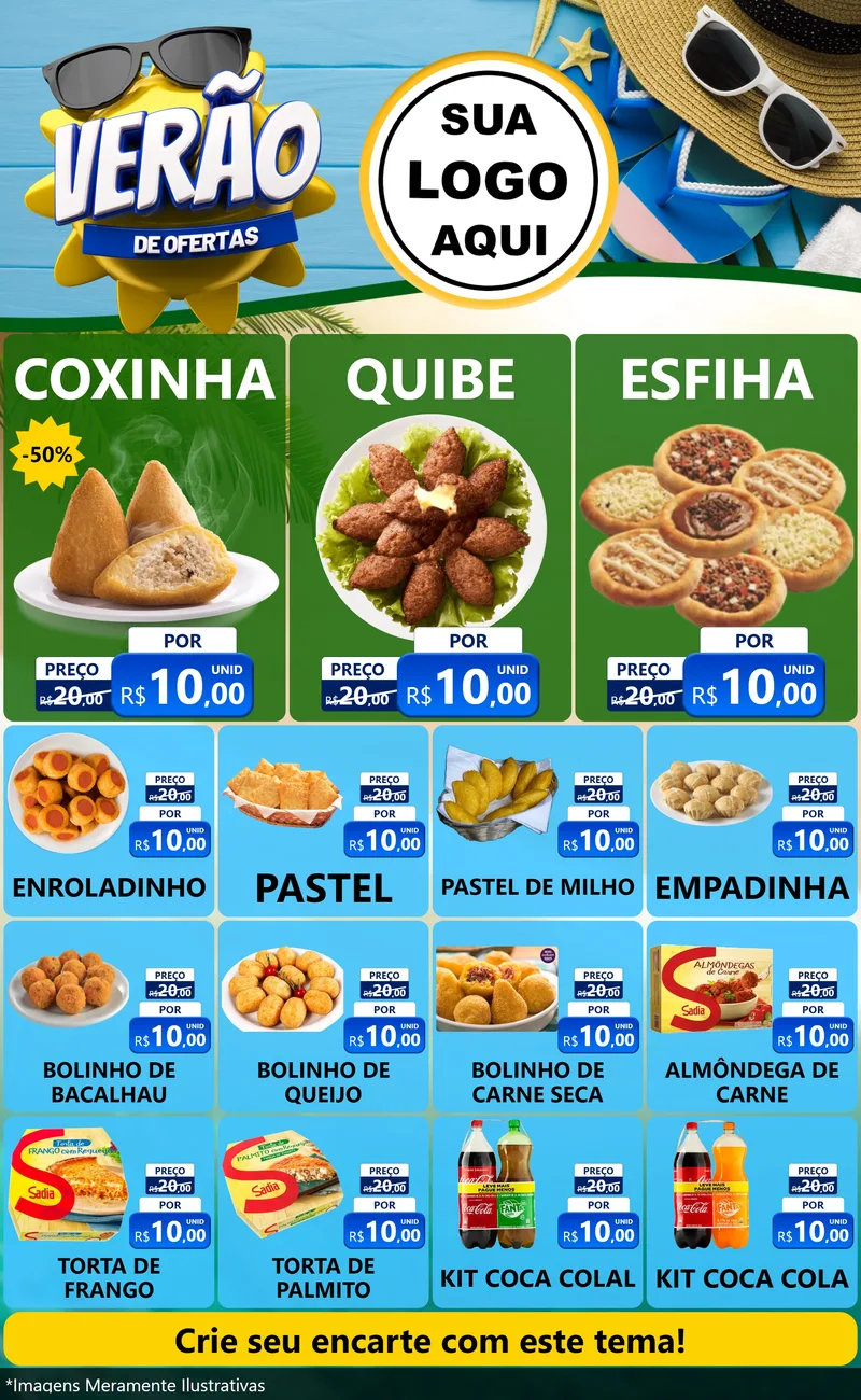 Modelo de Encarte para Encarte Grande com o tema Verão de Ofertas para Salgadaria