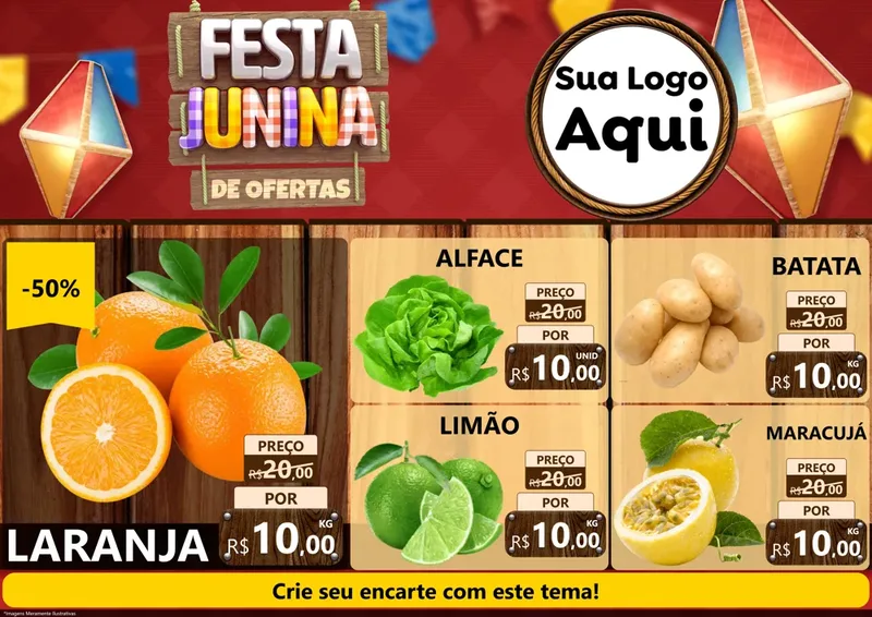 Modelo de Encarte para Encarte A4 Horizontal com o tema Festa Junina de Ofertas para Hortifrúti