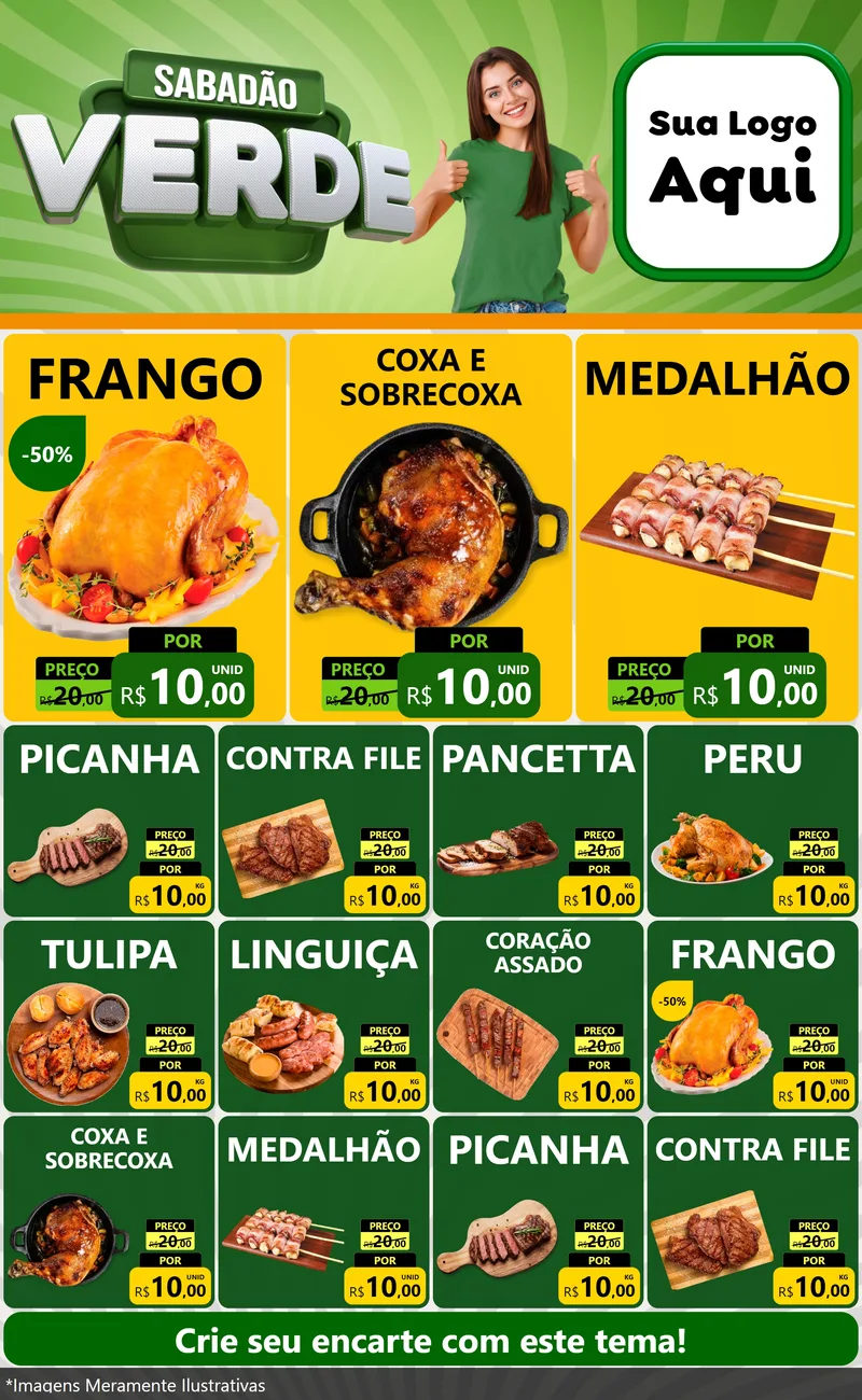 Modelo de Encarte para Encarte Grande com o tema Sabadão Verde para Assados