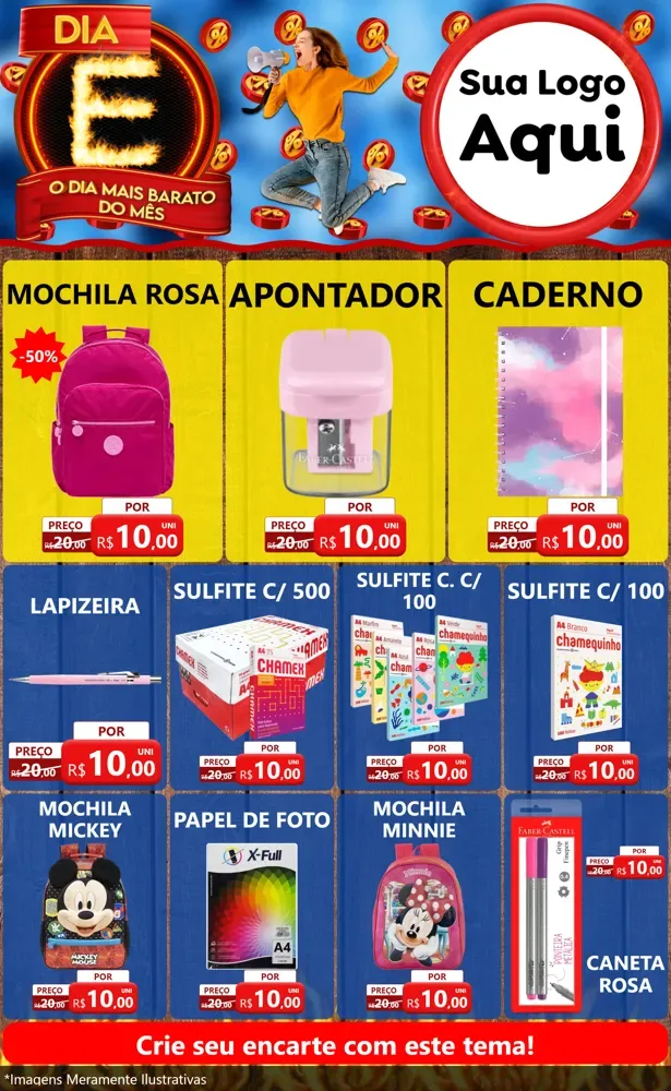 Modelo de Encarte para Encarte Grande com o tema Dia E - O Dia Mais Barato Do Mês para Papelaria