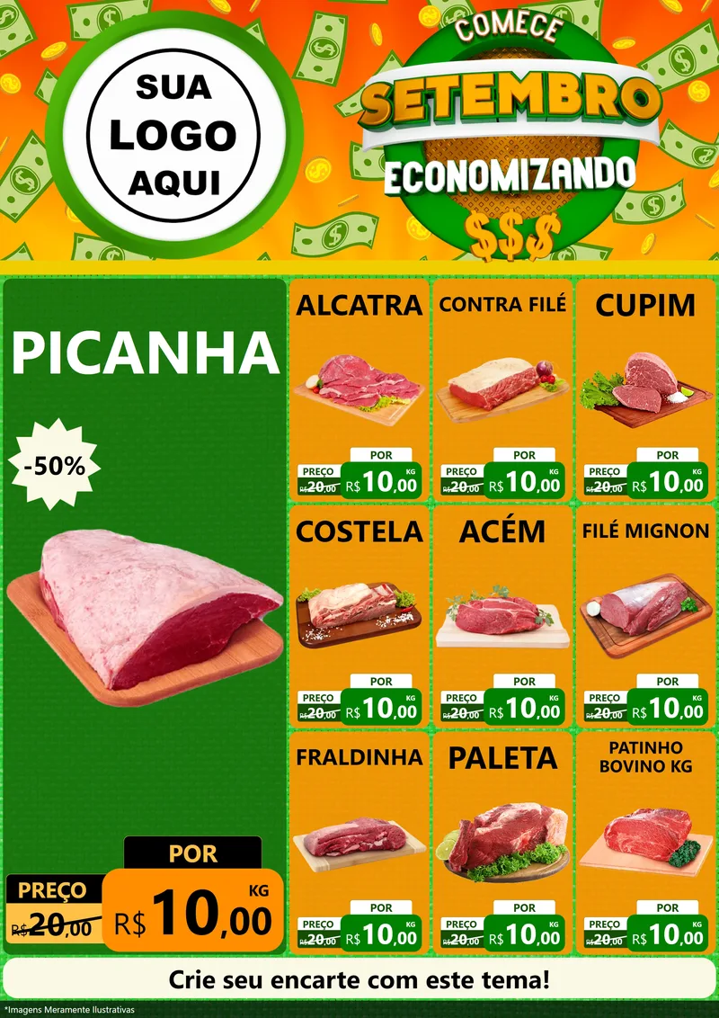 Modelo de Encarte para Encarte A4 Vertical com o tema Comece Setembro Economizando para Açougue