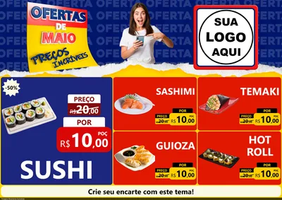 Modelo de Encarte para Encarte A4 Horizontal com o tema Ofertas de Maio - Preços Incríveis para Comida japonesa