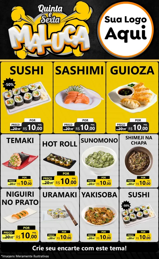 Modelo de Encarte para Encarte Grande com o tema Quinta e Sexta Maluca para Comida japonesa