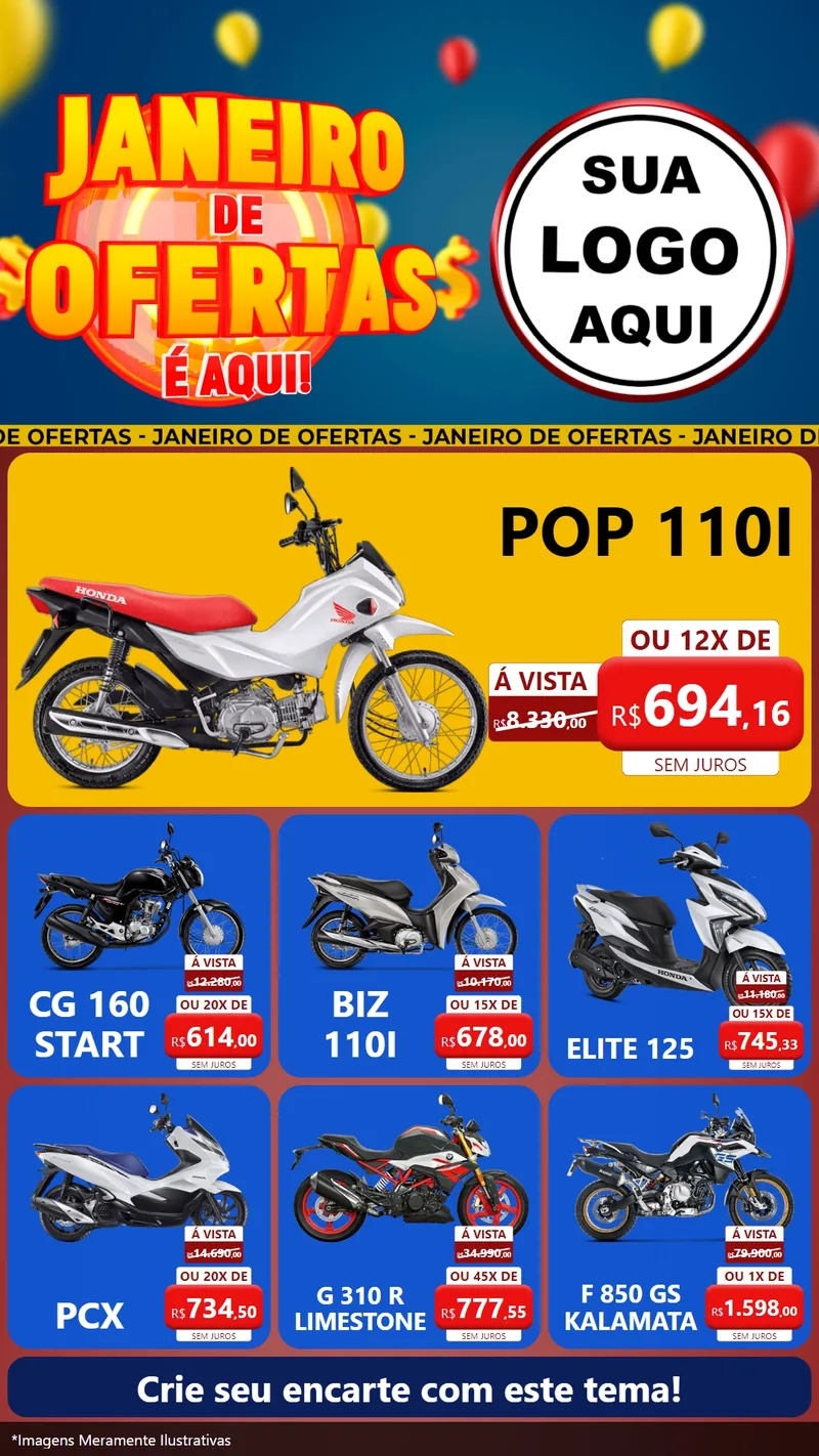 Modelo de Rede Social para Stories com o tema Janeiro de Ofertas É Aqui! para Concessionaria de Motos
