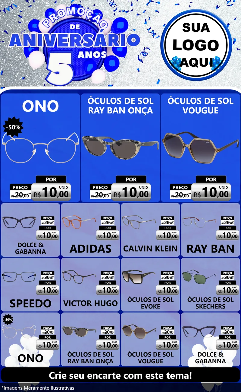 Modelo de Encarte para Encarte Grande com o tema Promoção de Aniversário - 5 Anos para Óticas