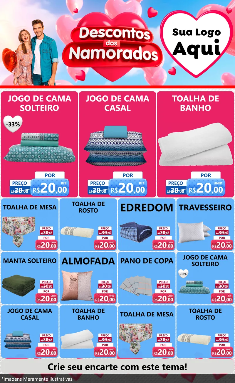 Modelo de Encarte para Encarte Grande com o tema Descontos dos Namorados para Cama, Mesa e Banho