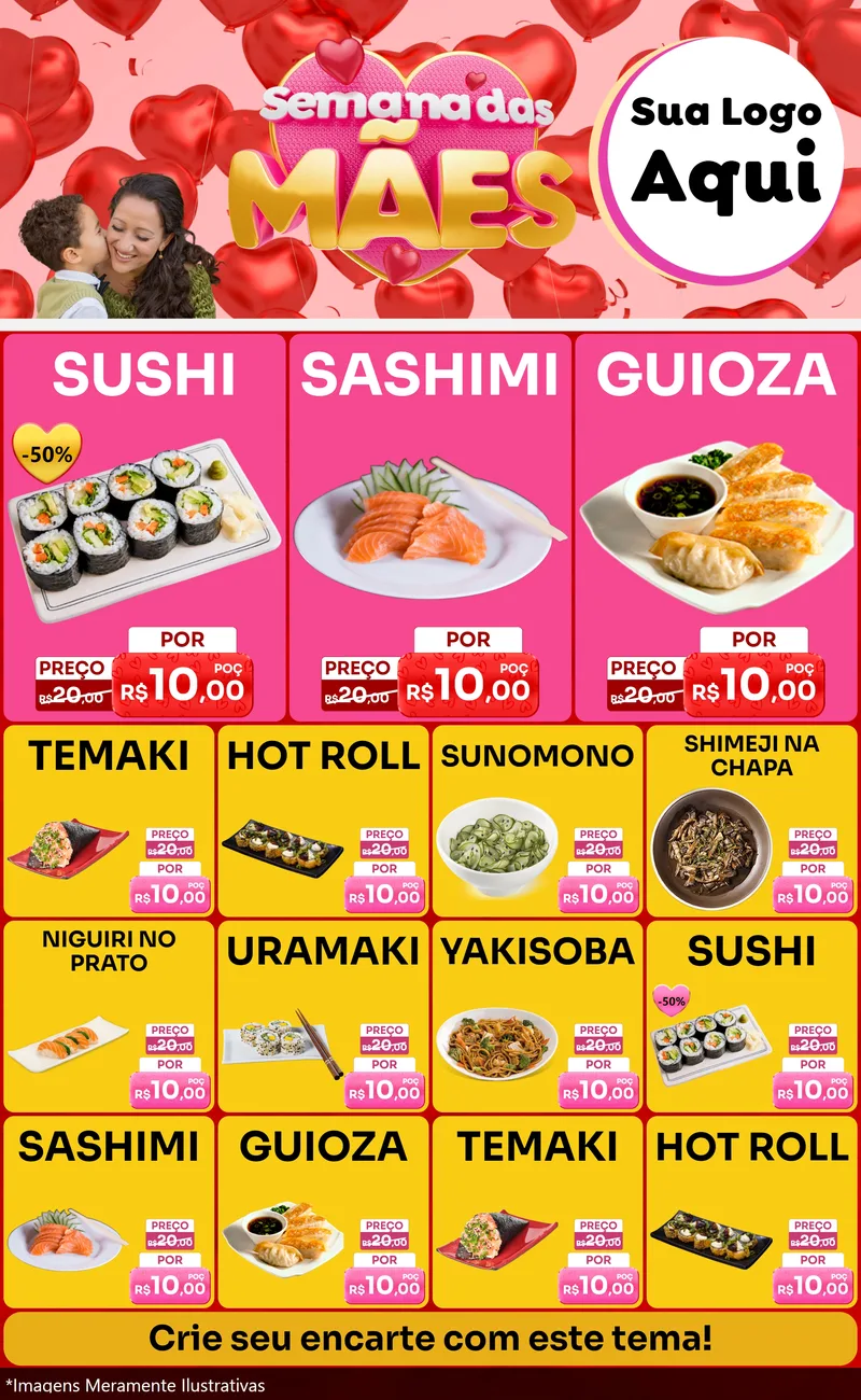Modelo de Encarte para Encarte Grande com o tema Semana Das Mães para Comida japonesa