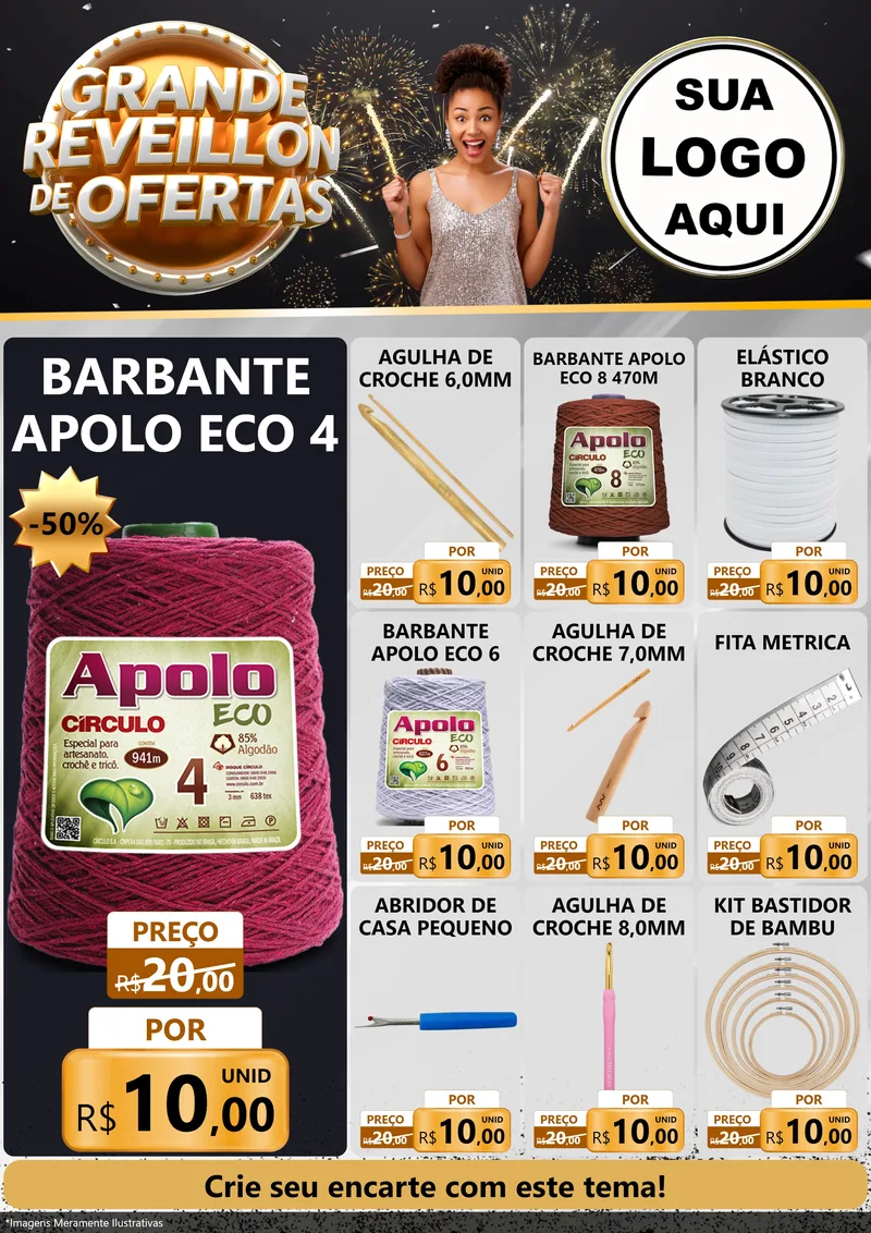 Modelo de Encarte para Encarte A4 Vertical com o tema Grande Réveillon de Ofertas para Armarinho e Aviamentos