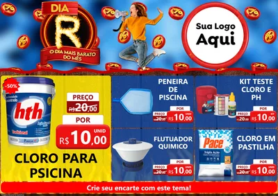 Modelo de Encarte para Encarte A4 Horizontal com o tema Dia R - O Dia Mais Barato Do Mês para Produtos para Piscina
