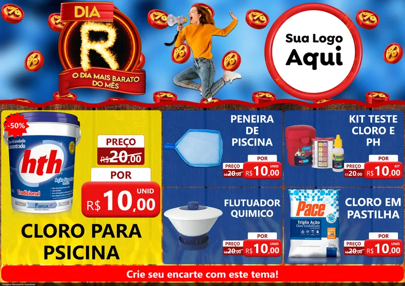 Modelo de Encarte para Encarte A4 Horizontal com o tema Dia R - O Dia Mais Barato Do Mês para Produtos para Piscina