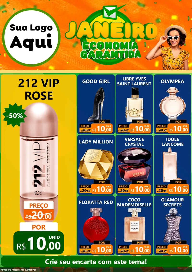 Modelo de Encarte para Encarte A4 Vertical com o tema Janeiro - Economia Garantida para Perfumes
