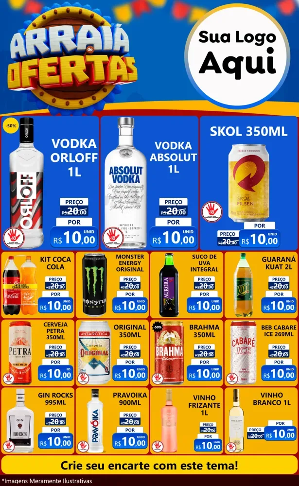 Modelo de Encarte para Encarte Grande com o tema Arraiá de Ofertas - Junina para Distribuidora de bebidas