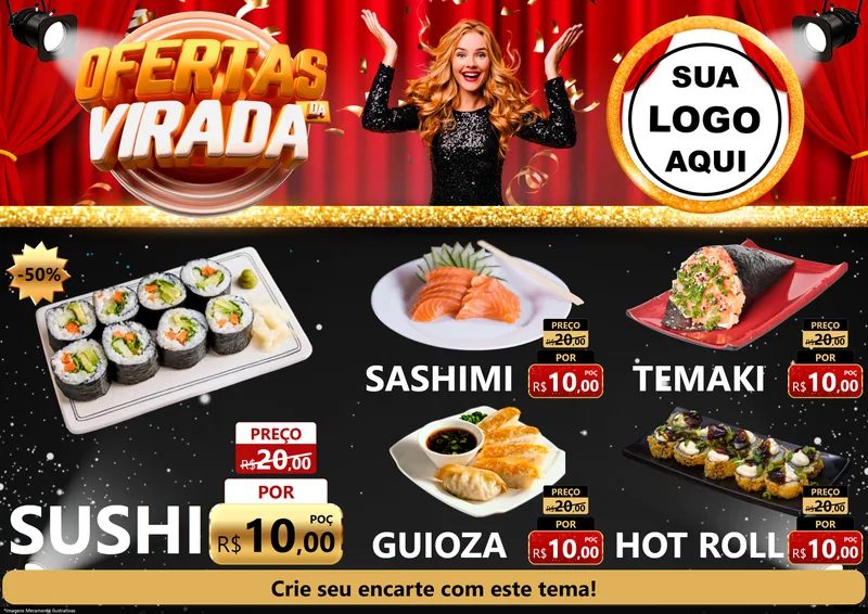 Modelo de Encarte para Encarte A4 Horizontal com o tema Ofertas da Virada para Comida japonesa