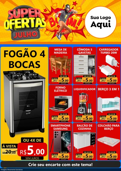 Modelo de Encarte para Encarte A4 Vertical com o tema Super Ofertas Julho para Móveis e Eletro