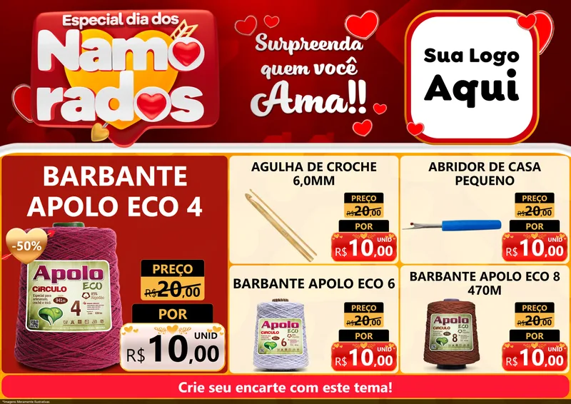 Modelo de Encarte para Encarte A4 Horizontal com o tema Especial Dia dos Namorados para Armarinho e Aviamentos